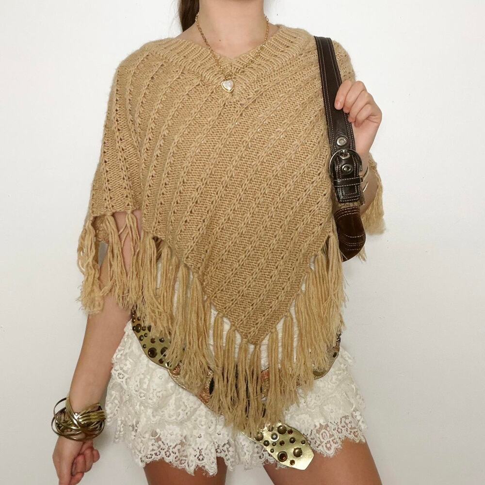Y2k cream knit boho fringe poncho one size fits all
